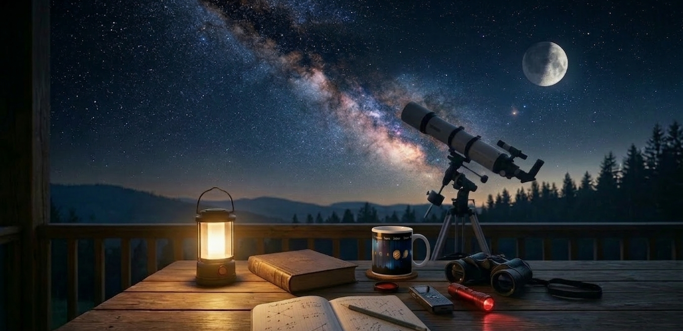 Bilingual banner for KosmikFlow's Observation Log blog, featuring a vintage notebook, binoculars, and a telescope looking at the Milky Way. Banner bilingue du blogue d'astronomie KosmikFlow